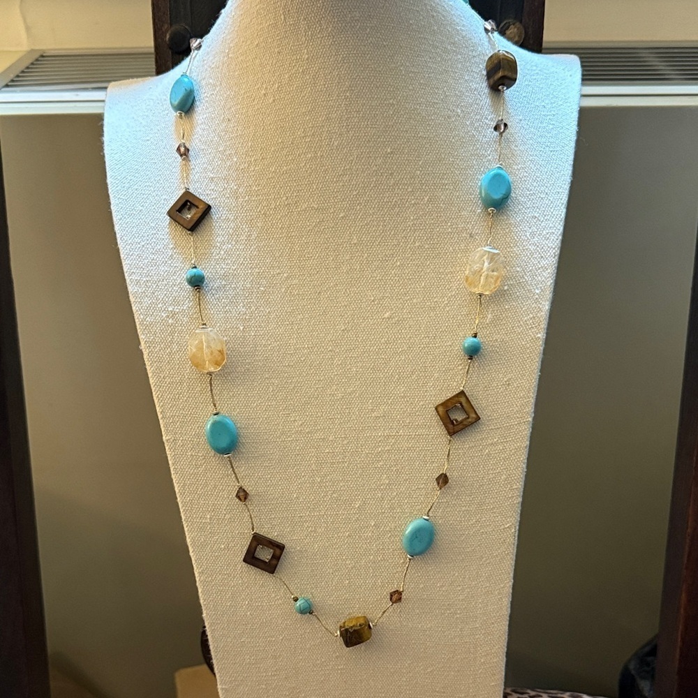Premiere Designs Promenade Tiger’s Eye & Faux Turquoise Station Necklace.